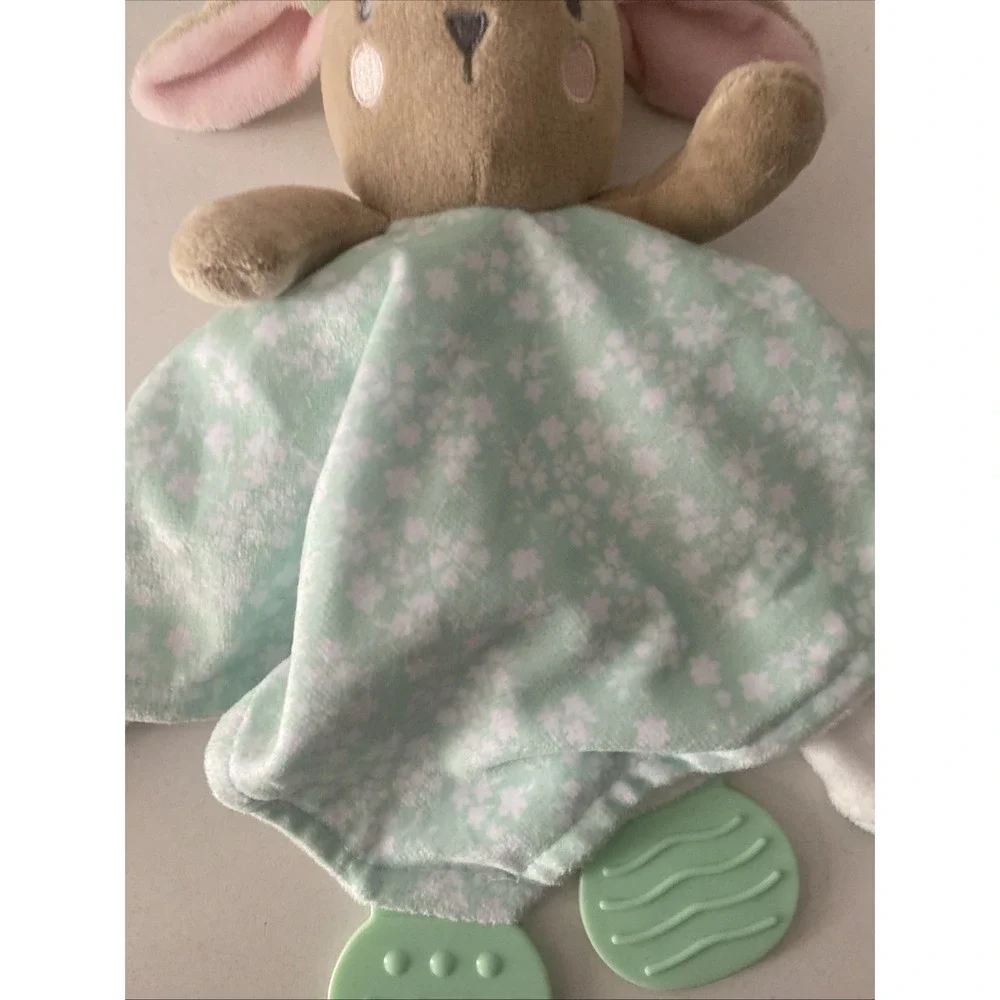 Modern Baby Snuggle Blankie Lovey Security Blanket Green White Bunny Teether